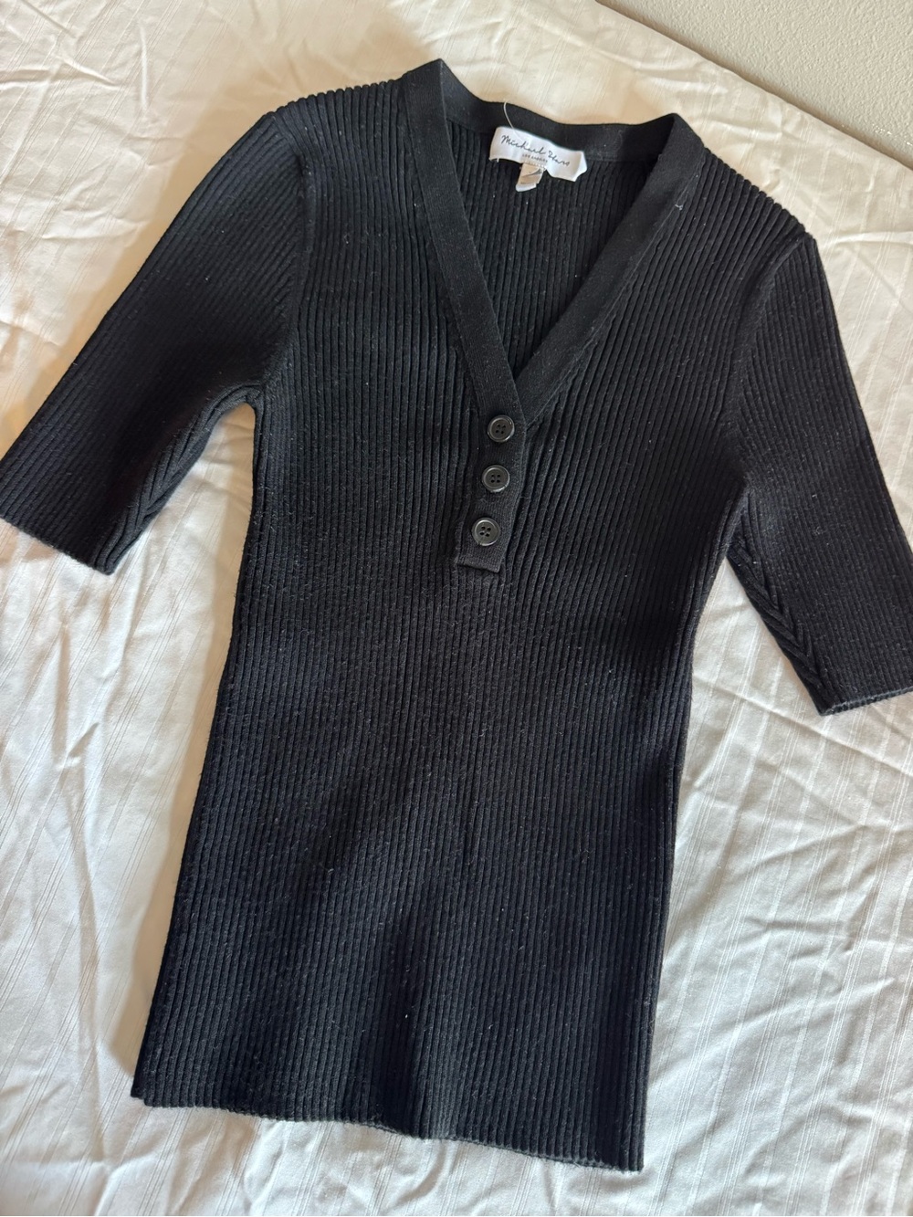 Michael Stars Black Ribbed V-Neck Knit Top with Button Placket